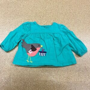 Baby Boden Teal Bird Applique Long Sleeve Shirt 0-3 Months